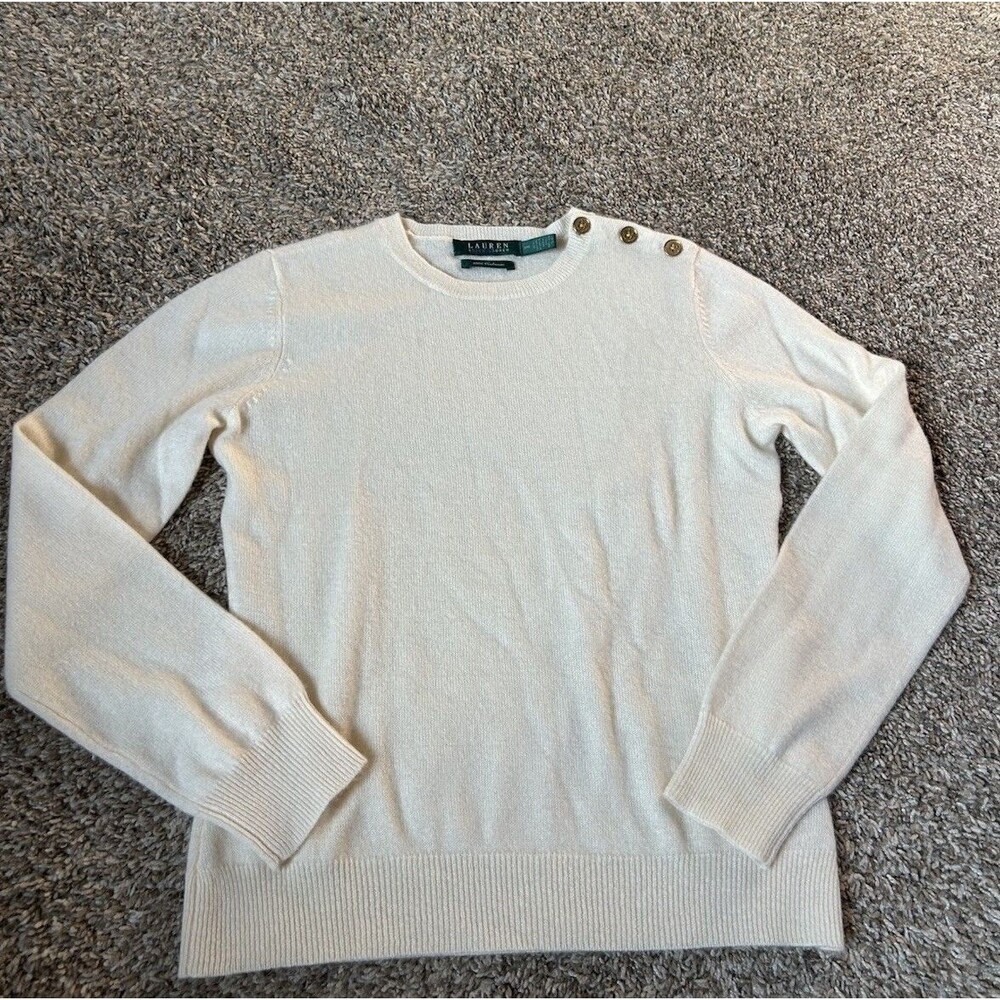 Lauren Ralph Lauren 100% Cashmere Sweater Women Petite Crewneck Gold Button Soft
